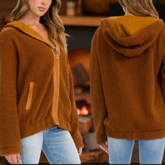 Sherpa Hooded Brown / Fleece Jacket fully lined zip up & pockets NWT Boutique - Picture 2 of 11